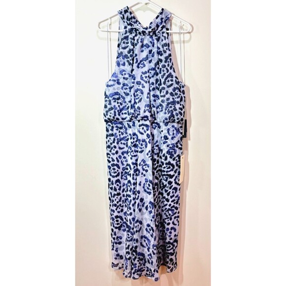 Adrianna Papell Purple Animal Print Midi Halter Tie Dress Womes 14 Wedding Party - Picture 3 of 16